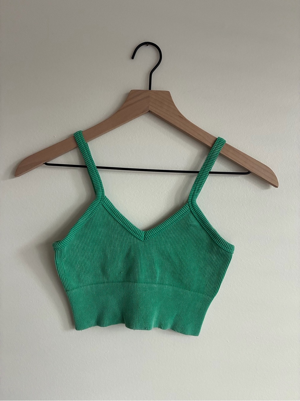 Green Ribbed V-Neck Crop Tank Top